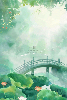 春夏绿意风景小清新荷花池塘拱桥绿荫阳光惊蛰春分立夏夏至水彩插画背景 春夏绿意风景小清新荷花池塘拱桥绿荫阳光惊蛰春分立夏夏至水彩插画背景