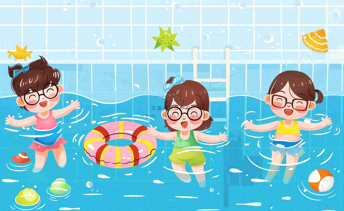 蓝色儿童夏天游泳池插画卡通夏日立夏夏至大暑小暑游泳插画背景