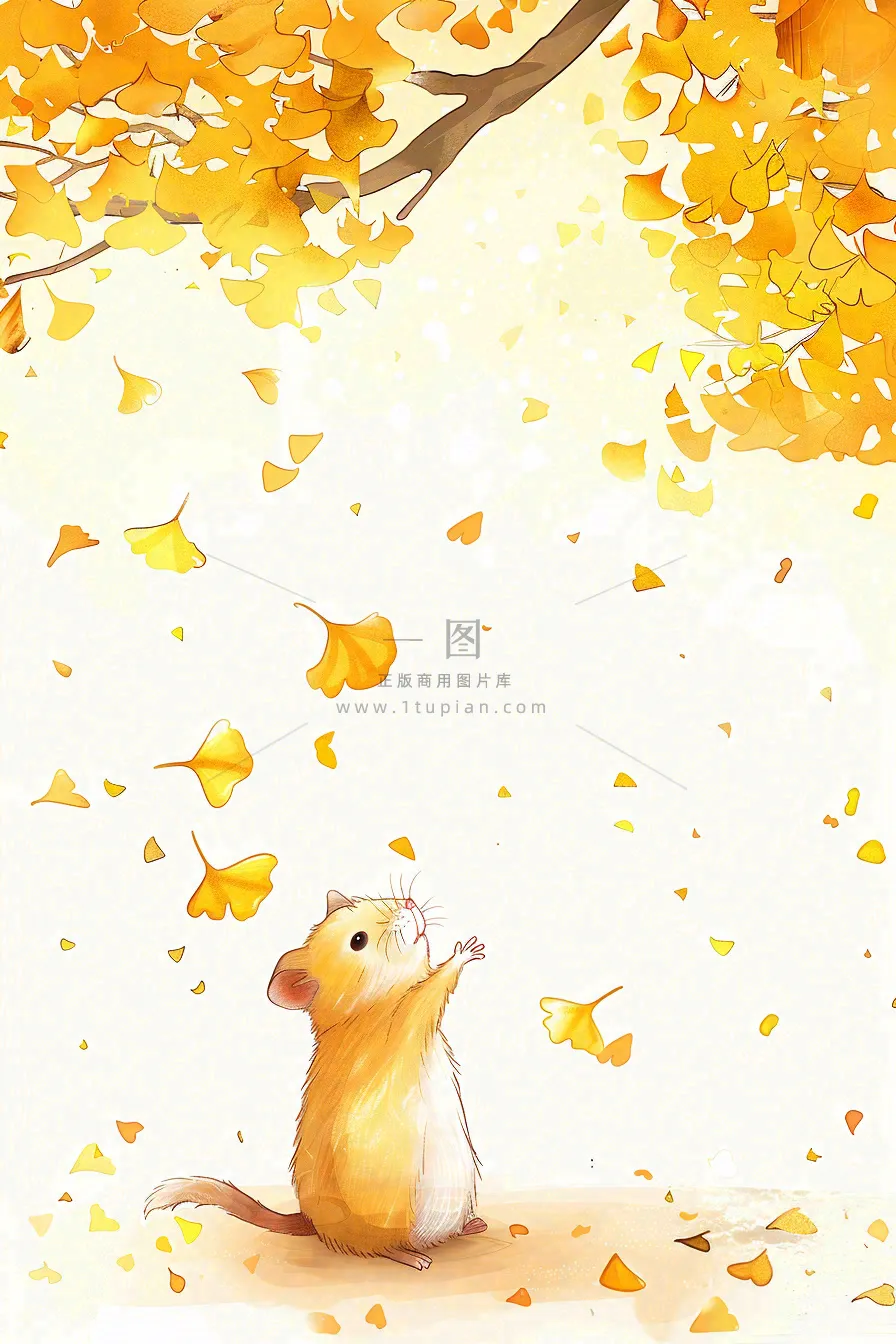 秋天银杏树下的松树秋意金黄色立秋秋分白露唯美插画背景