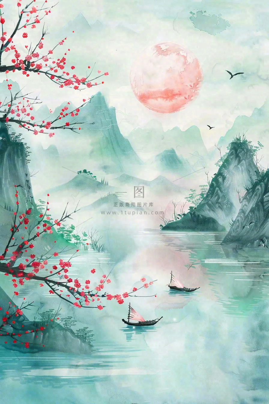 水墨江南山水画桃花青山春分清明惊蛰节气背景