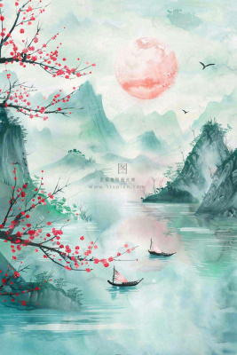 水墨江南山水画桃花青山春分清明惊蛰节气背景 水墨江南山水画桃花青山春分清明惊蛰节气背景