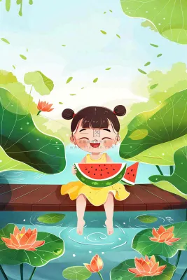 夏天荷花湖木桥上吃西瓜的女孩清凉立夏夏至大暑小暑卡通插画背景 夏天荷花湖木桥上吃西瓜的女孩清凉立夏夏至大暑小暑卡通插画背景