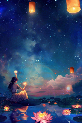 夜晚点灯孔明灯祈福中元节寒衣节插画背景 夜晚点灯孔明灯祈福中元节寒衣节插画背景