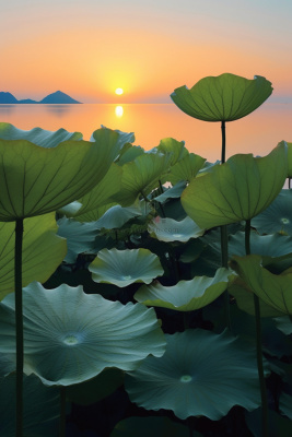 荷叶河边傍晚意境简约节气海报背景