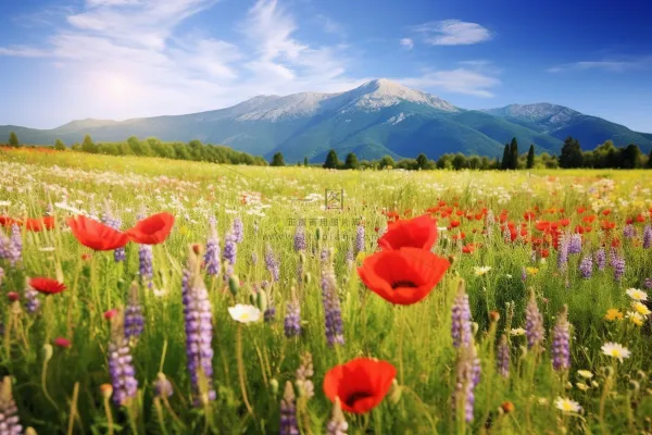 春天高原上的草丛里开满了鲜花摄影图 