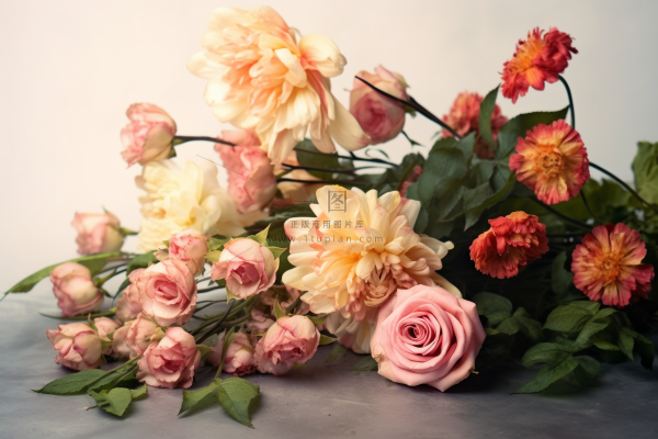 地上放着的一大束鲜花摄影图
