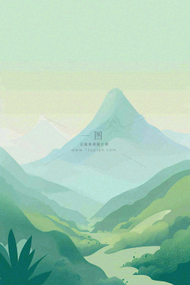 青绿山脉树木小草扁平插画手绘