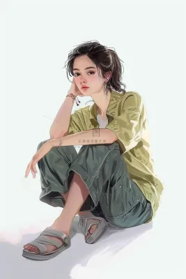 蹲坐着的少女朝气马尾发型插画背景