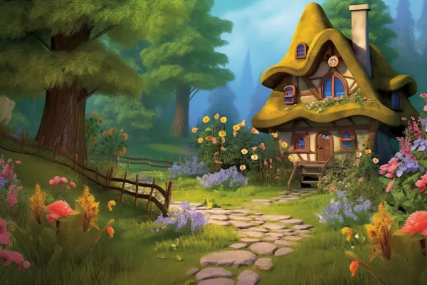 森林里的小房子门前花丛草地石子路卡通插画素材背景 森林里的小房子门前花丛草地石子路卡通插画素材背景