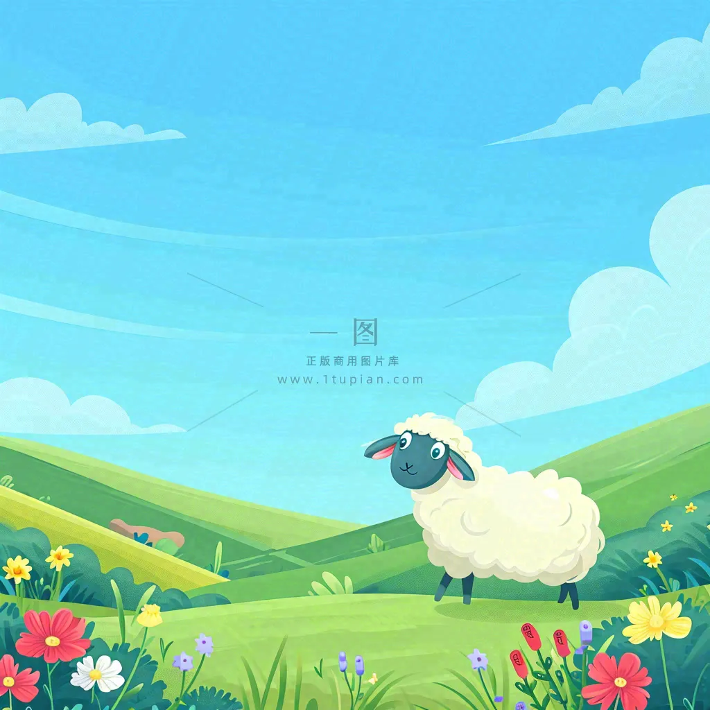 春天清新蓝天白云草地绵羊花朵扁平插画手绘