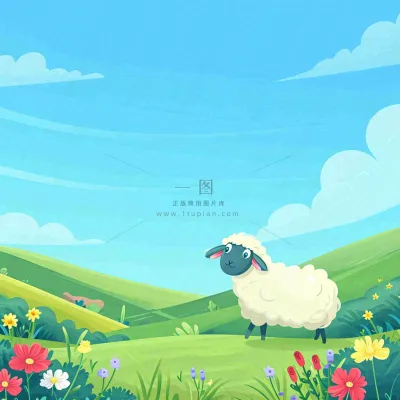 春天清新蓝天白云草地绵羊花朵扁平插画手绘 春天清新蓝天白云草地绵羊花朵扁平插画手绘