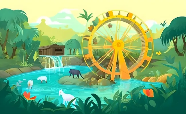 春天田园绿色自然风车水河流畜牧插画素材背景 春天田园绿色自然风车水河流畜牧插画素材背景