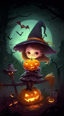 万圣节夜晚黑色南瓜恐怖卡通小鬼手绘插画