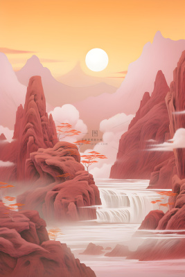 红色简约月光山脉背景 红色简约月光山脉背景