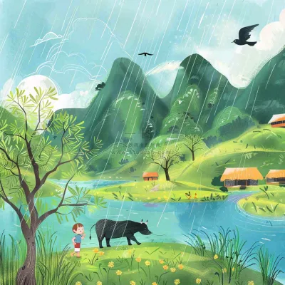春天下雨天牧童放牛河流柳树雨水谷雨清明卡通插画背景 春天下雨天牧童放牛河流柳树雨水谷雨清明卡通插画背景