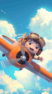 卡通少年男孩飞行飞机玩耍,可爱儿童节,天空白云 卡通少年男孩飞行飞机玩耍,可爱儿童节,天空白云