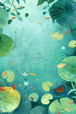 夏日池塘荷花睡莲水塘立夏小暑大暑处暑插画背景 夏日池塘荷花睡莲水塘立夏小暑大暑处暑插画背景