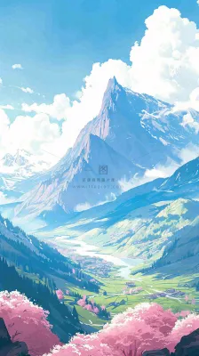 阳光春天细长流水山脉村庄小屋草坪，春分，旅行露营