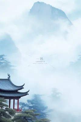 国风山脉云间建筑意境节气海报背景 国风山脉云间建筑意境节气海报背景