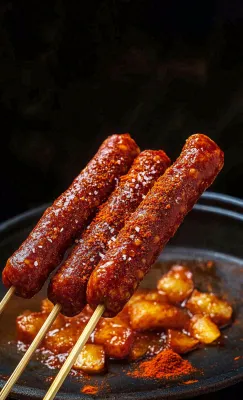 烤火腿肠煎辣椒面香辣美食小吃摄影图