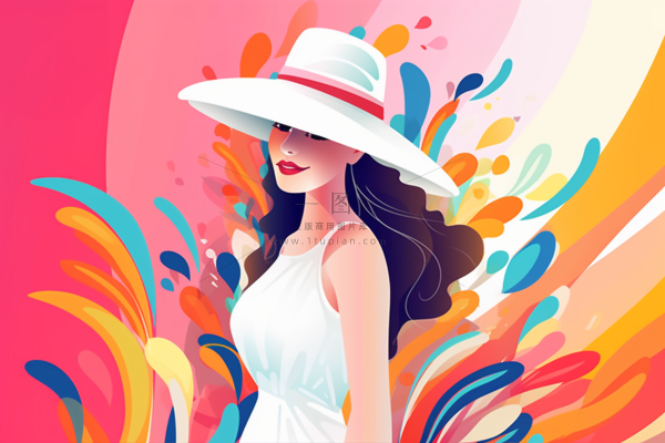 绚丽多彩戴帽子的女生背后的颜料色彩卡通插画