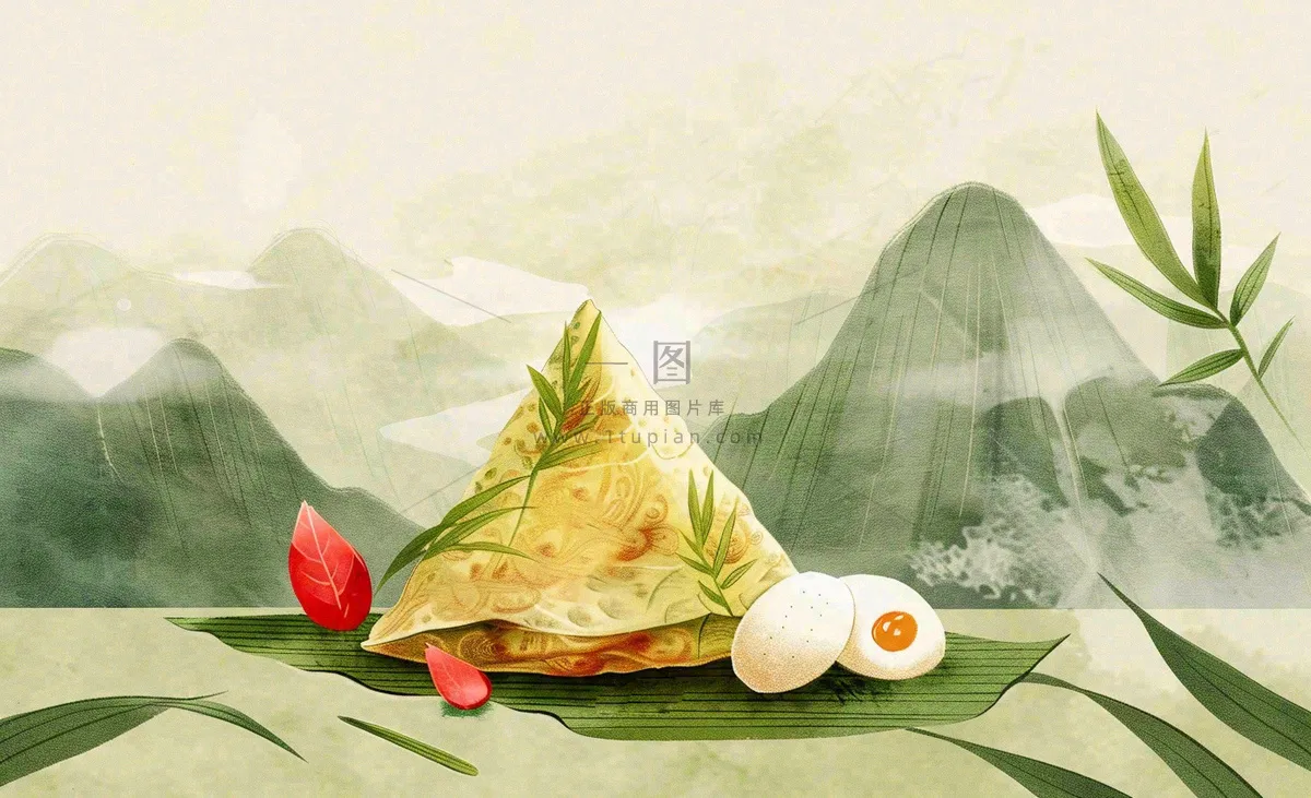 端午佳节粽子绿色青山国风插画水彩绘画背景