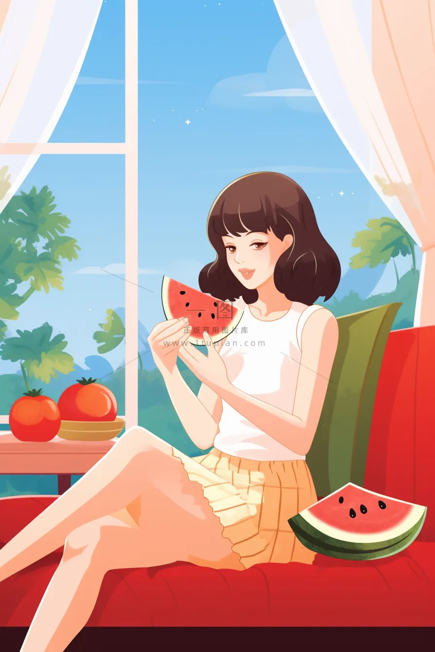 美丽少女坐着窗边沙发吃水果卡通插画素材背景