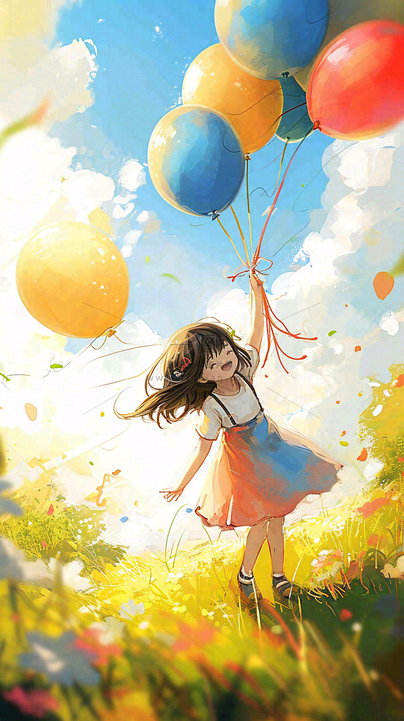 一个可爱的小女孩手里牵着彩色气球在草地上奔跑夏天，儿童节