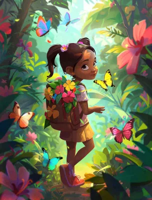 夏天户外森林丛林冒险的青少年背包旅行探险卡通插画背景