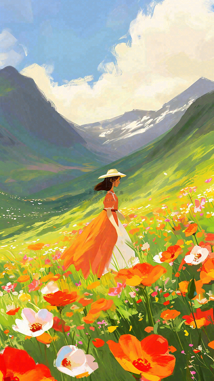 春天山脉草坪花海上穿裙子的女孩油画手绘插画,清新浪漫,踏青春游