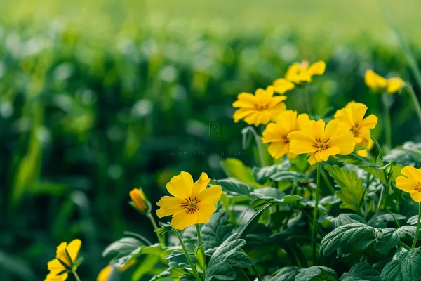 春天黄色小花朵绿色草丛摄影图
