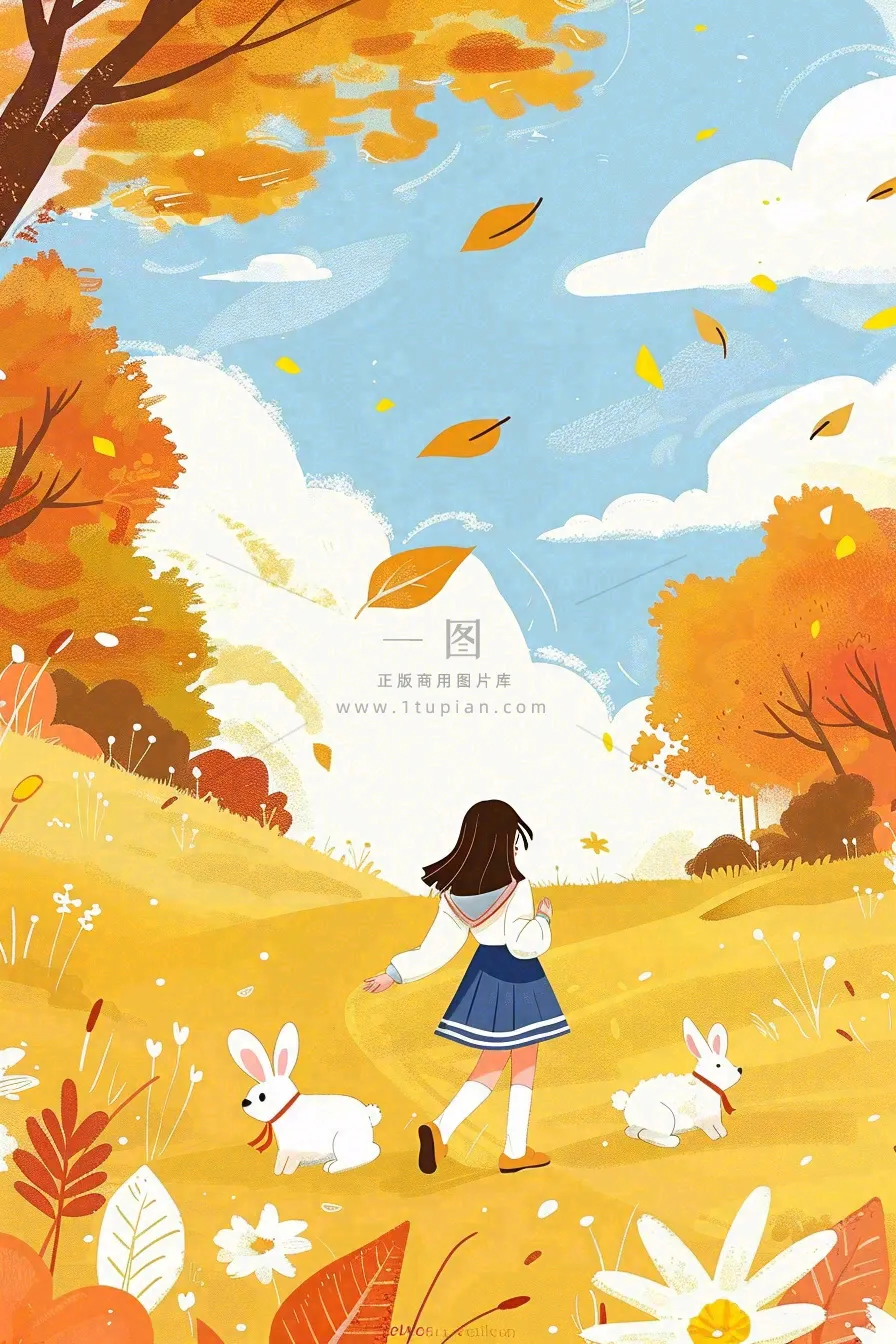 秋天秋意浓森林公园女孩白兔金黄树木草丛蓝天白云立秋秋分卡通插画背景