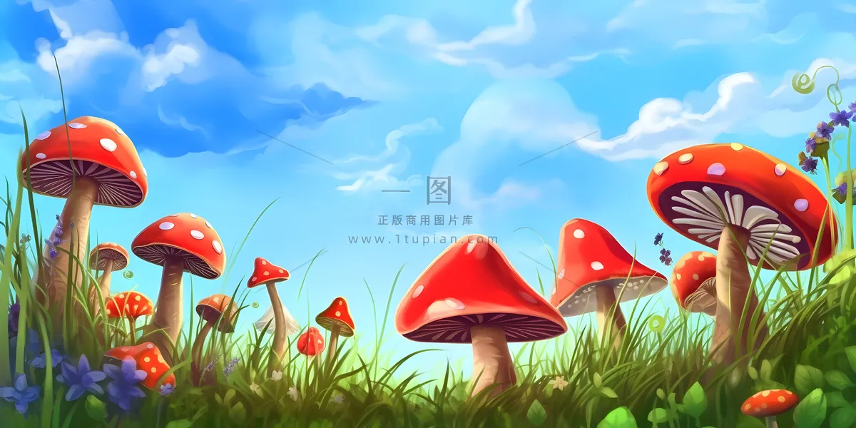 春天草丛蘑菇森林手绘插画海报素材背景
