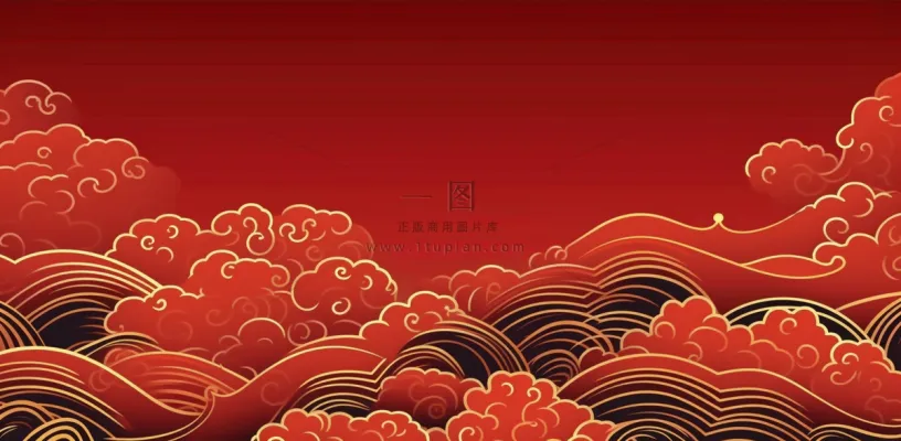 大红色复古简约古风海浪纹边角框金复古底纹背景 大红色复古简约古风海浪纹边角框金复古底纹背景