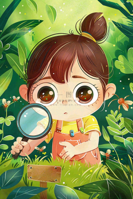 儿童学生森林冒险放大镜观察蚂蚁户外探险儿童节卡通插画背景 儿童学生森林冒险放大镜观察蚂蚁户外探险儿童节卡通插画背景