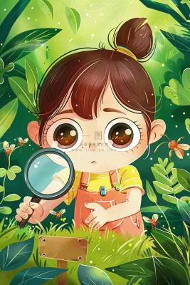 儿童学生森林冒险放大镜观察蚂蚁户外探险儿童节卡通插画背景 儿童学生森林冒险放大镜观察蚂蚁户外探险儿童节卡通插画背景