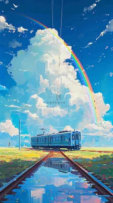 蓝天白云下草地河流高铁火车铁路手绘插画 蓝天白云下草地河流高铁火车铁路手绘插画