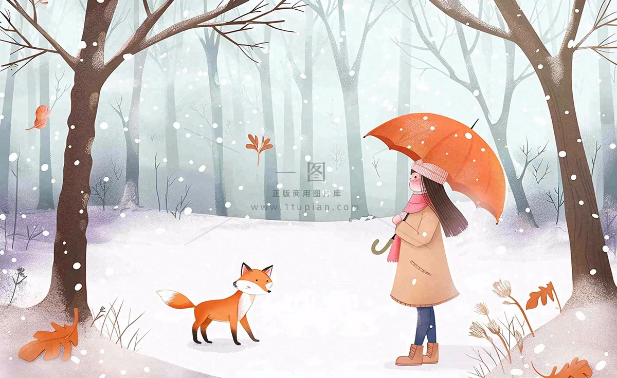 秋冬森林打伞的女孩狐狸动物相遇立冬小雪大雪冬至卡通插画背景