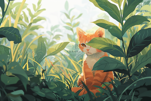 春日草丛里的猫橘猫可爱卡通插画背景 春日草丛里的猫橘猫可爱卡通插画背景