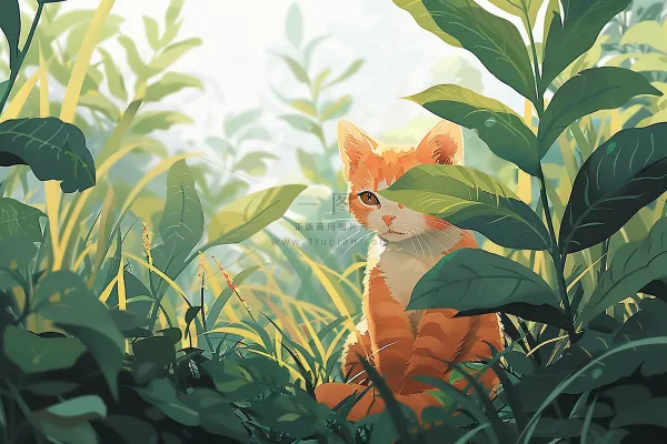 春日草丛里的猫橘猫可爱卡通插画背景 春日草丛里的猫橘猫可爱卡通插画背景