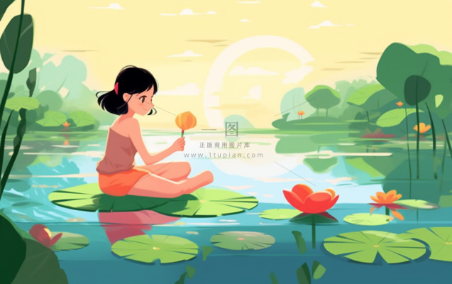 湖泊坐着睡莲上的人碧蓝插画背景 湖泊坐着睡莲上的人碧蓝插画背景