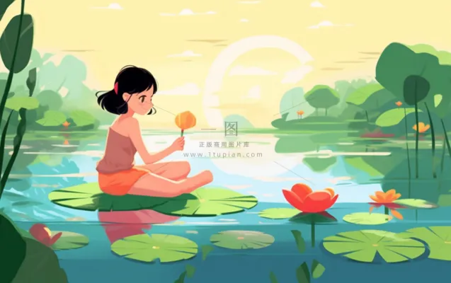 湖泊坐着睡莲上的人碧蓝插画背景 湖泊坐着睡莲上的人碧蓝插画背景