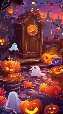 恐怖气氛万圣节南瓜屋子，西方节日卡通