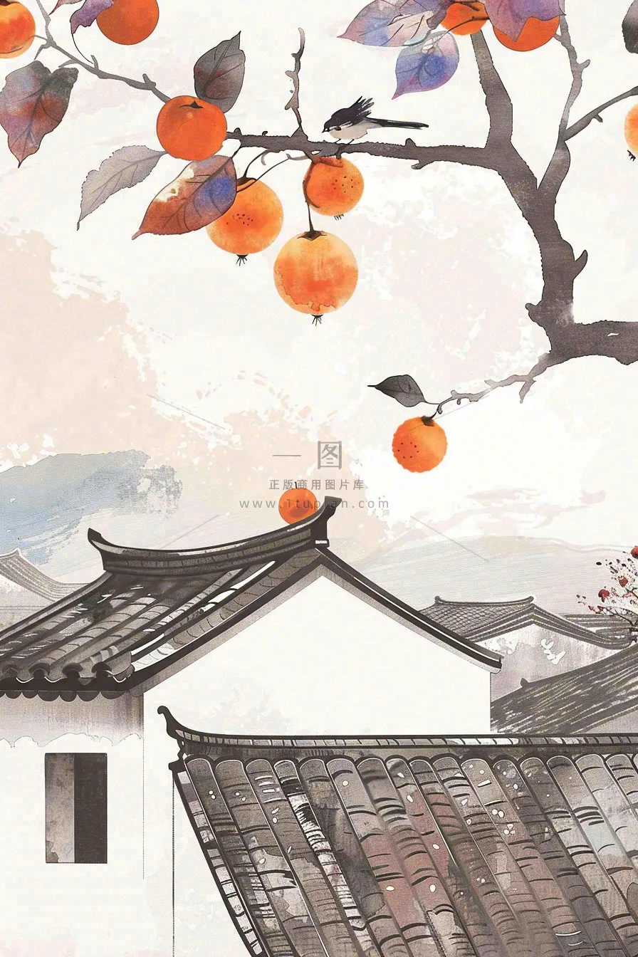 秋天婺源村庄柿子树老式建筑屋檐中国风国画水彩立秋秋分处暑背景