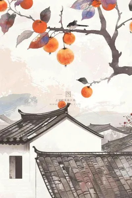 秋天婺源村庄柿子树老式建筑屋檐中国风国画水彩立秋秋分处暑背景 秋天婺源村庄柿子树老式建筑屋檐中国风国画水彩立秋秋分处暑背景