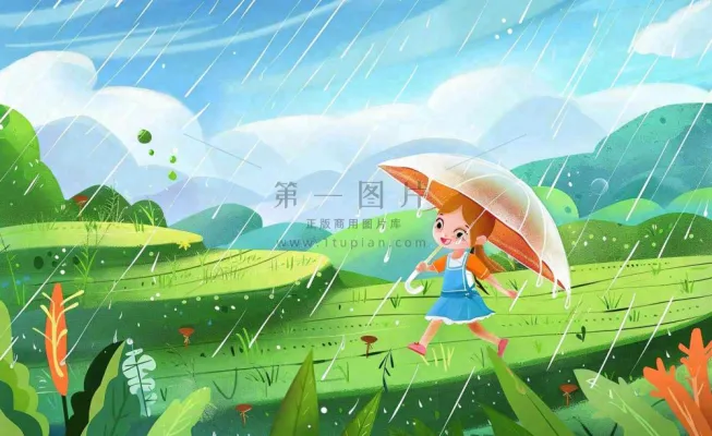 卡通女孩人物打雨伞春游踏青节气雨水谷雨春天春分绿色卡通插画背景 卡通女孩人物打雨伞春游踏青节气雨水谷雨春天春分绿色卡通插画背景