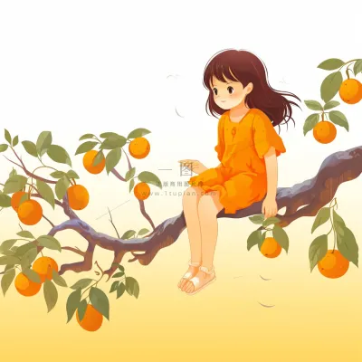 女孩坐着橘子柿子树上摘果子插画素材背景
