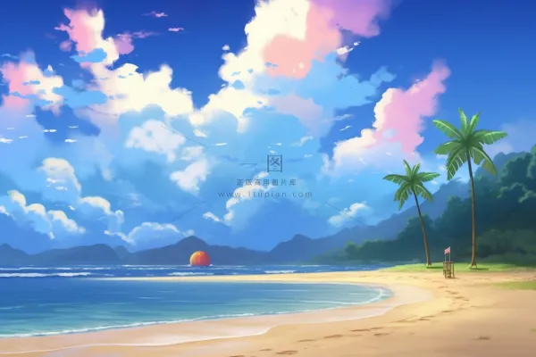 夏日阳光沙滩海浪蓝色插画背景