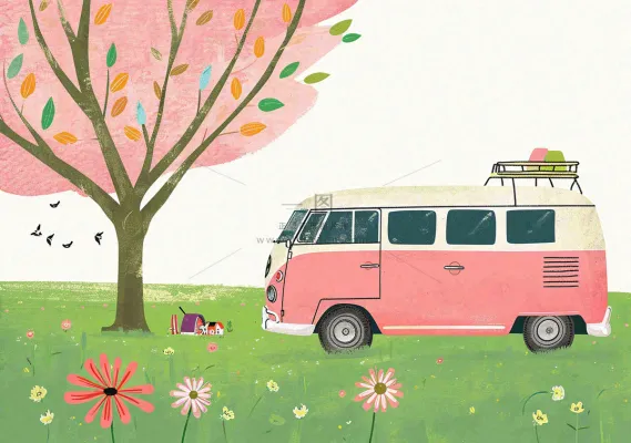 清新可爱春日郊游旅行房车粉绿蜡笔插画手绘草坪,惊蛰春分 清新可爱春日郊游旅行房车粉绿蜡笔插画手绘草坪,惊蛰春分