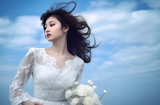 一个美女穿着一件漂亮的白色连衣裙在海边的拍照摄影图